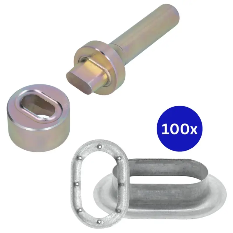 Neue Kollektion 100x Planenöse Oval 42x22mm mit Einschlagstempel als Set