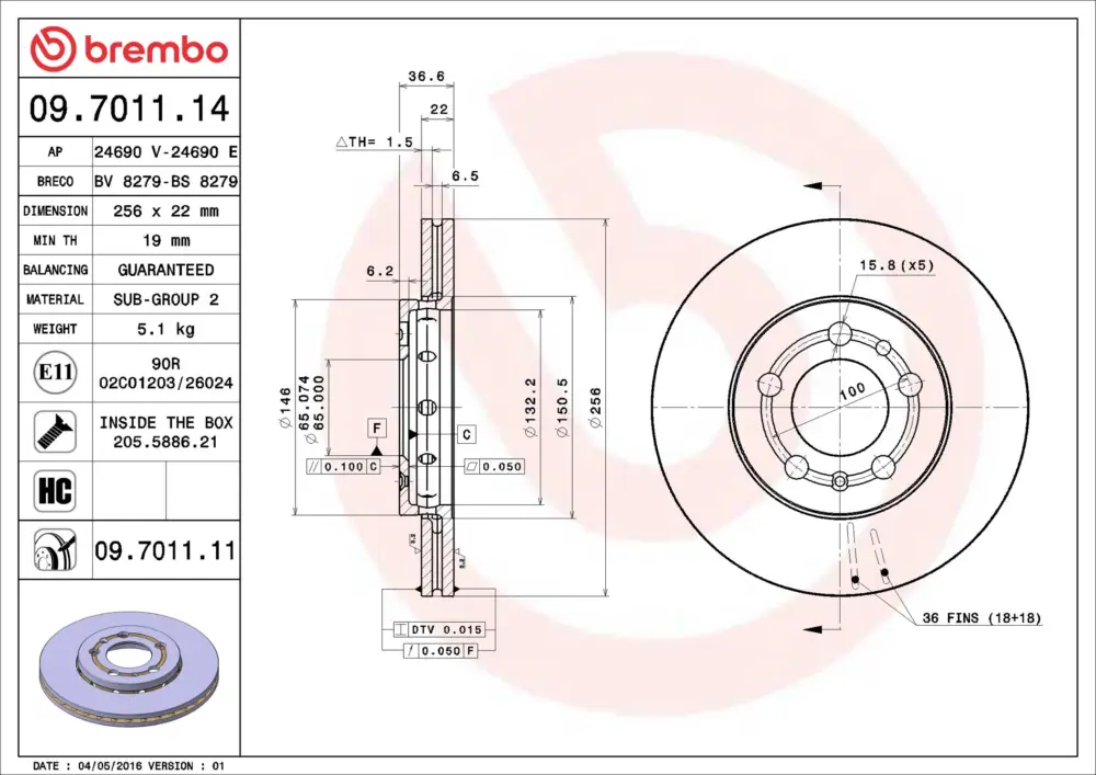 BREMBO 09.7011.11 - Bremsscheibe - PRIME LINE - UV Coated Markenware