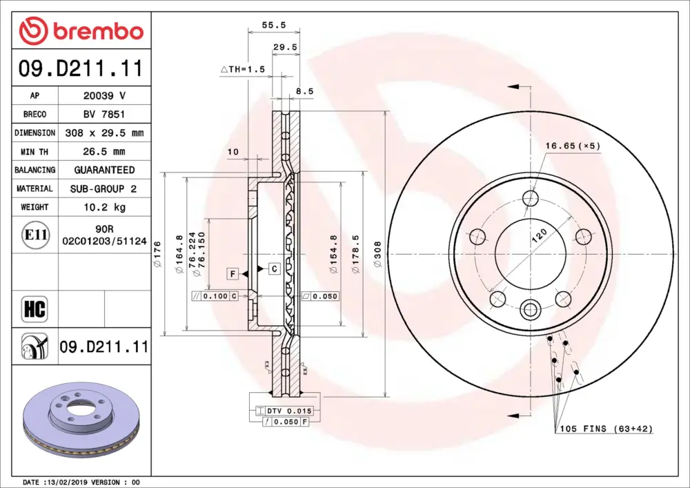 BREMBO 09.D211.11 - Bremsscheibe - PRIME LINE - UV Coated Zertifiziert