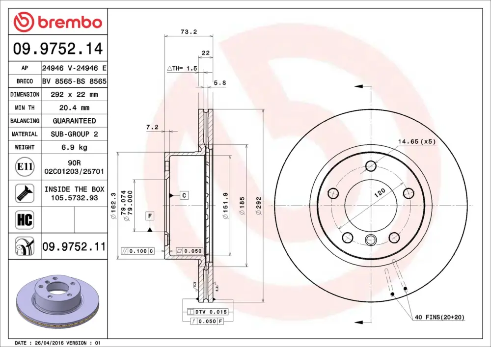 Abverkauf BREMBO 09.9752.11 - Bremsscheibe - PRIME LINE - UV Coated