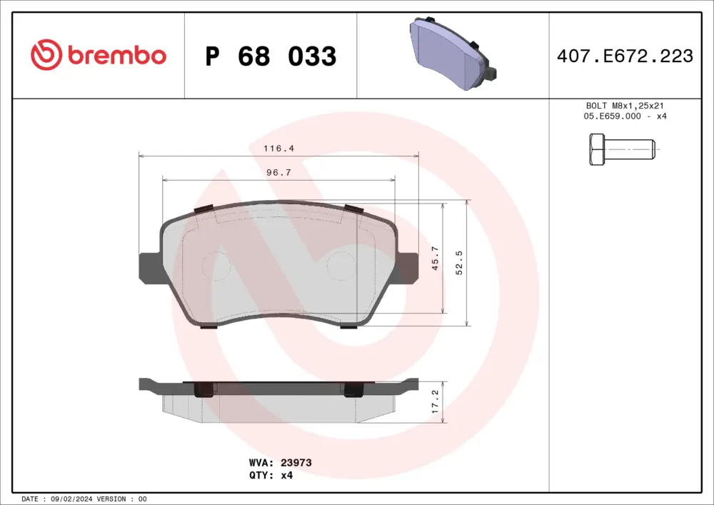 BREMBO P 68 033 - Bremsbelagsatz, Scheibenbremse - PRIME LINE Markenprodukt