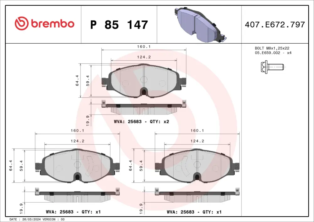 Begrenztes Angebot BREMBO P 85 147 - Bremsbelagsatz, Scheibenbremse - PRIME LINE