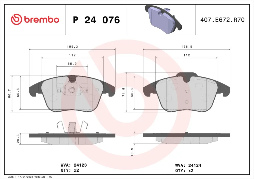 BREMBO P 24 076 - Bremsbelagsatz, Scheibenbremse - PRIME LINE Preiswert