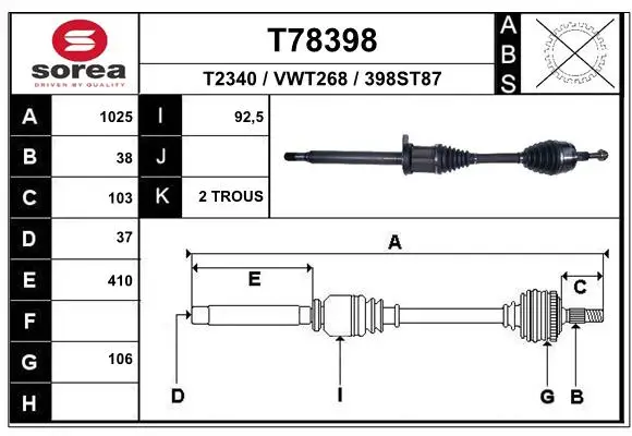 Sichere Zahlung EAI T78398 - Antriebswelle
