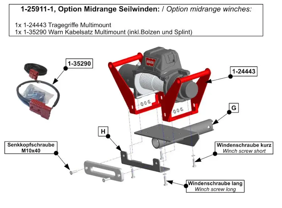 Billig Option Midrange Seilwinden für Hidden Multi-Mount, inkl Tragegriffe und Kabel