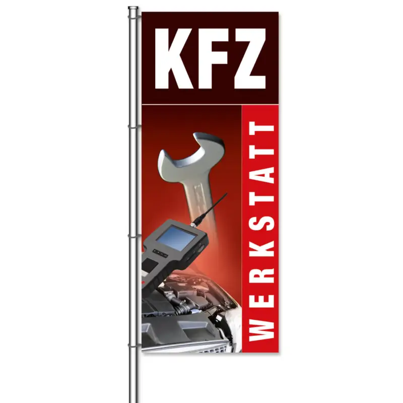 Fahne KFZ-Werkstatt mit Bildmotiven aus der KFZ-Werkstatt H 300 x B 120cm Jetzt Kaufen