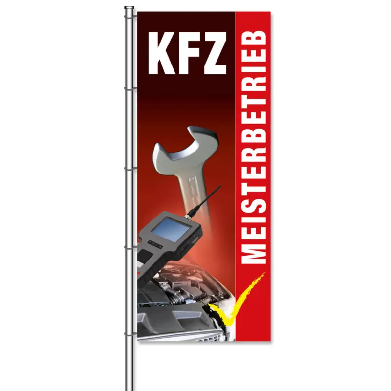 Fahne KFZ-Werkstatt Motiv KFZ-Meisterbetrieb mit Bilder H 375 x B 150cm Versand Am Gleichen Tag